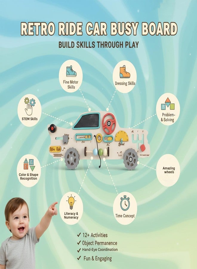 The Funny Mind Retro Car Wooden Busy Board for Toddlers & Kids - 12 Activities Montessori Educational Toy, Sensory Learning Game for 1-5 Years, Colorful, Durable & Safe - Image 2